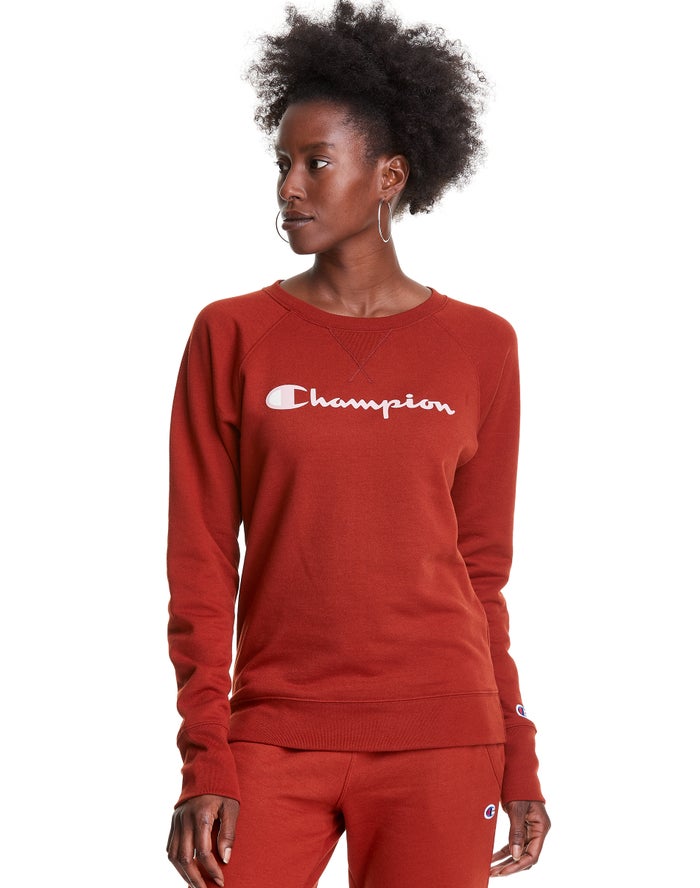 Champion Powerblend Fleece Classic Crew Script Logo - Naisten Ruskea Collegepaita - Suomi 8932475-YF